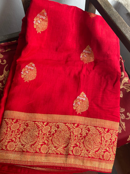 Pinkish Red, Gold, Silver Dual Tone Muga Silk Saree