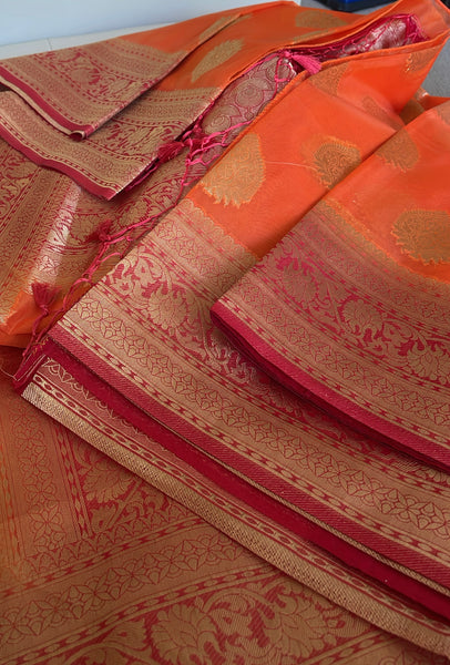 Orange and Pink Kora Maheshwari Silk Saree