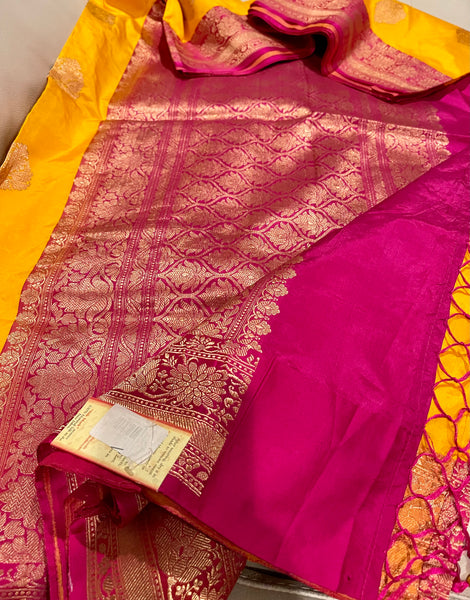 Yellow Hot Pink Soft Banarasi Pattu Katan Silk Saree with Zari weaves with Pink Border