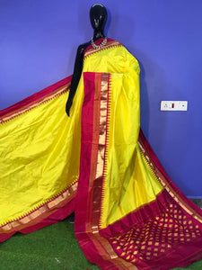 Pure Yellow and Pink Pochampally Patu Ikat Silk Saree