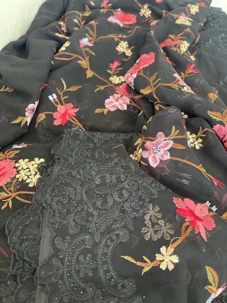 Black Georgette Chiffon with Lace and Embroidery