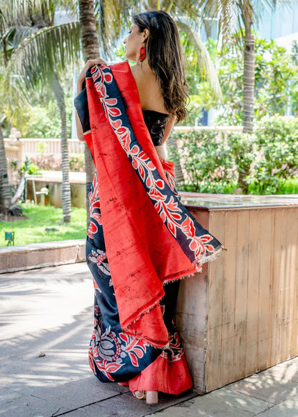 PURE SILK BATIK WORK BLACK AND RED COMBINATION SAREE