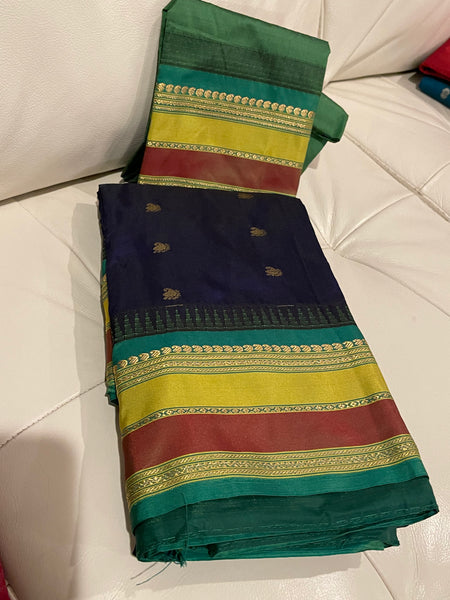 Navy Blue, Green, and Gold Kanchipuram Naali Silk Saree