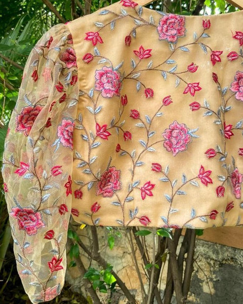 Cream Colored Embroidered readymade blouse in Tulle Fabric