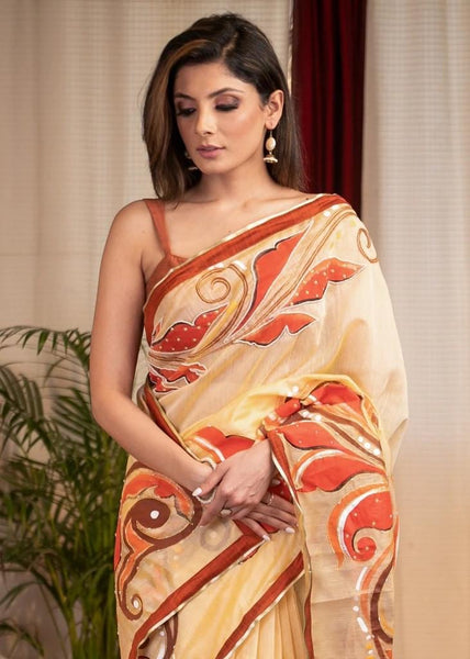 BEIGE CHANDERI SAREE WITH HAND PAINTED ALPANA WORK & ZARDOSI BOOTI