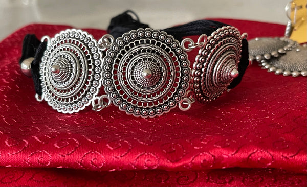 Black German Silver Ghungroo Necklace with Earring Set