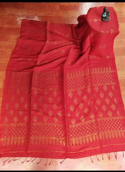 Red Organic Linen Jamdani with Jacquard Work and Pallu