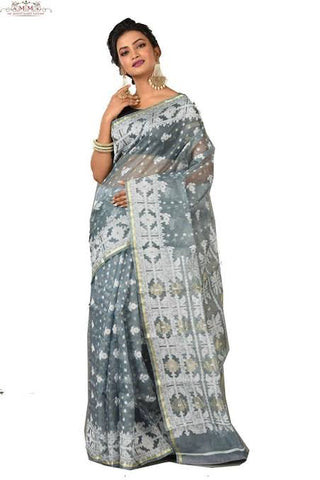 Grey Silver Jamdani Saree with Traditional Woven Design