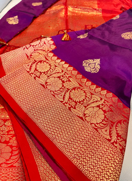 Purple and Red Soft Banarasi Pattu Katan Silk Saree with Zari weaves with Pink Border