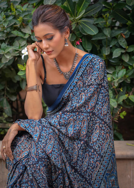 PURE MODAL SILK BLOCK PRINTED MIDNIGHT BLUE AJRAKH SAREE