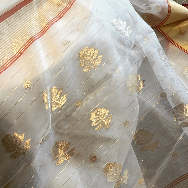 White and Red Chanderi Cotton Silk Saree