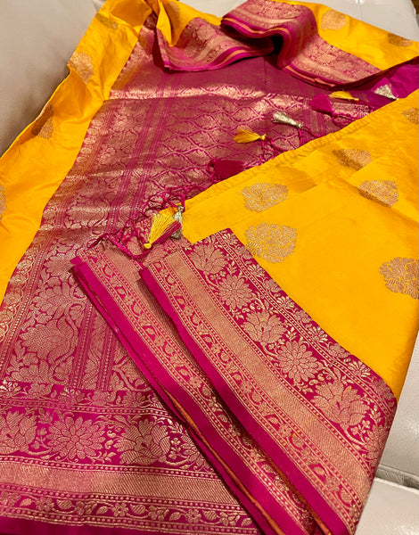 Yellow Hot Pink Soft Banarasi Pattu Katan Silk Saree with Zari weaves with Pink Border