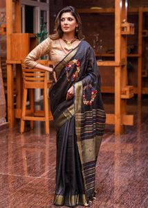 BLACK PURE LINEN SAREE WITH HAND EMBROIDERY