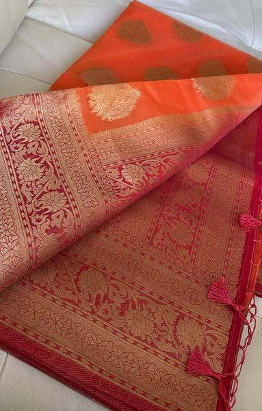 Orange and Pink Kora Maheshwari Silk Saree