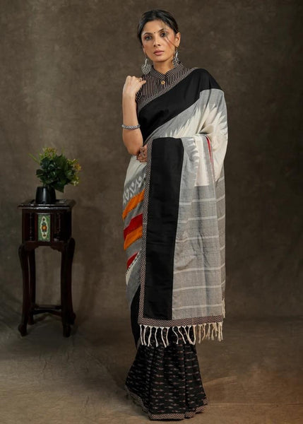 Black Ikkat Cotton Saree with White and Grey Combination Pallu