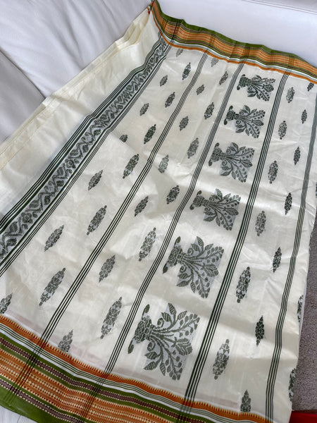 Off White Garad Silk Saree with Green Border