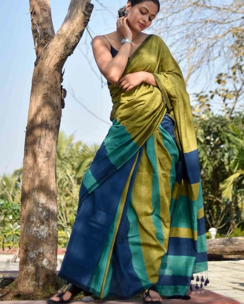 Olive Green and Blue Handloom cotton saree