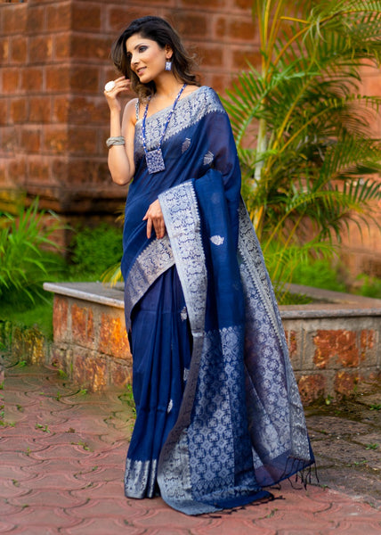 ROYAL BLUE LINEN JAMDANI WORK SAREE