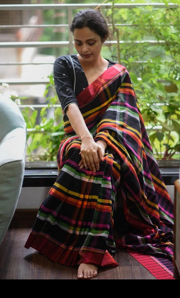 Black and  Multicolor Handloom cotton saree