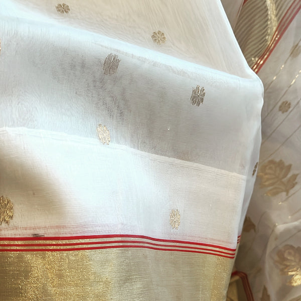 White and Red Chanderi Cotton Silk Saree
