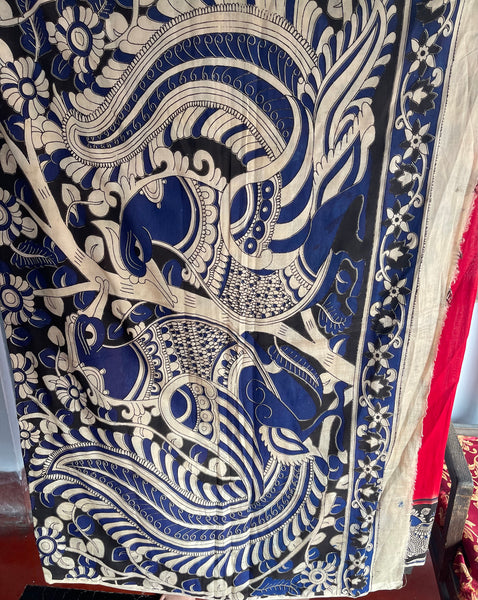Red and Blue Pure Handloom Cotton Silk Kalamkari Painted Saree