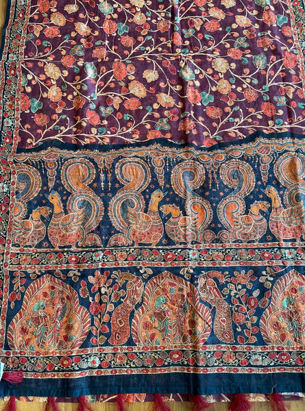 Wine Magenta Kalamkari Kantha Stitched Handloom Silk Cotton Saree