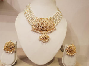 Gold Plated Jaddau Necklace Set with White Pearls & Matching Earrings