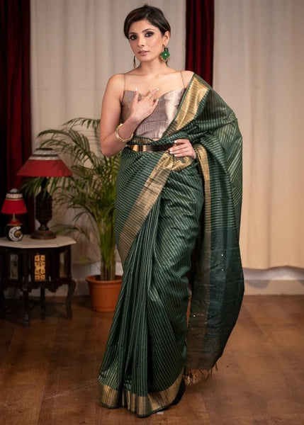 STRIPED OLIVE GREEN KOTA SILK SAREE