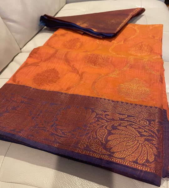 Coral Pink and Purple Handloom Brocade Cotton Silk Saree