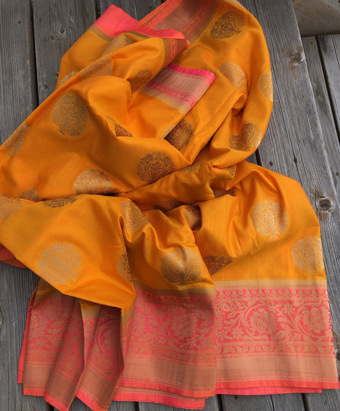 Pure Soft Handloom Silk Saree In Orange and Coral