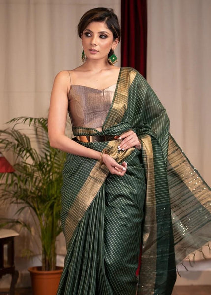 STRIPED OLIVE GREEN KOTA SILK SAREE