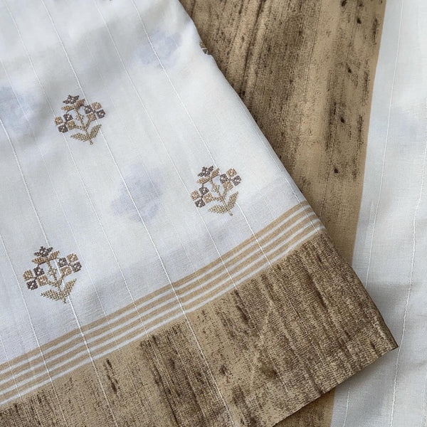 Ivory and Gold Embroidered Raw Tussar Silk Saree