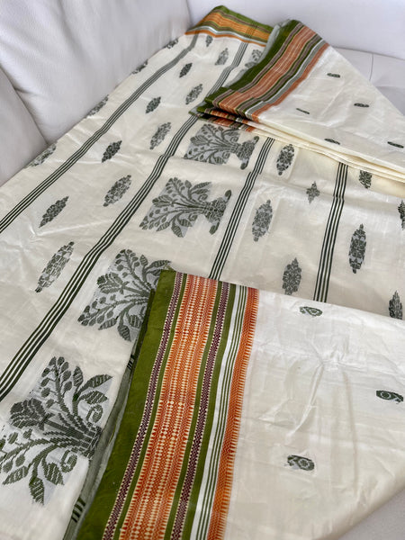 Off White Garad Silk Saree with Green Border