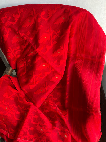 Pure Red Jamdani Weave Saree with Golden Buttas all over with Golden Butta Aachal