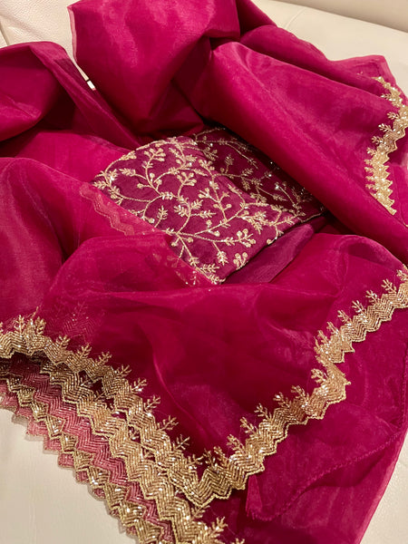 Red Wine/Burgundy Organza Saree with Embroidery