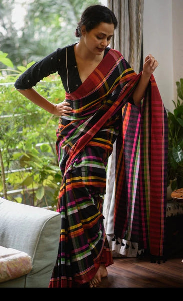 Black and  Multicolor Handloom cotton saree