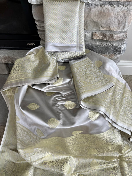 Dual Tone Silver/Grey and Gold Banarasi Silk Saree