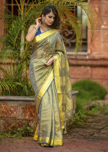 YELLOW PURE LINEN SAREE WITH HAND EMBROIDERY