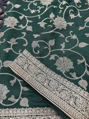 Forest Green Pure Handloom Silk Saree with Beige Embroidery