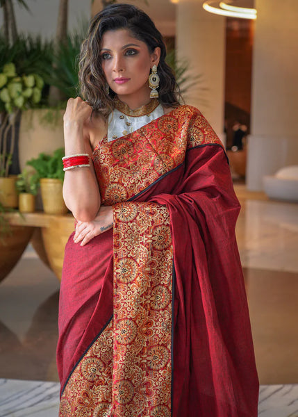 COTTON EMBROIDERED WHITE SAREE WITH MAROON BANARASI BORDER