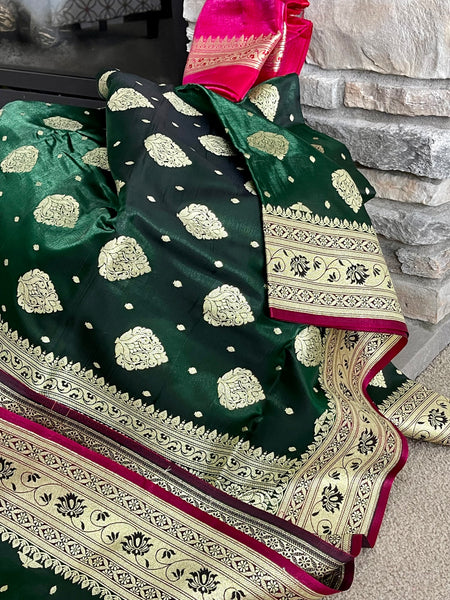 Bottle Green and Gold Banarasi Silk Saree