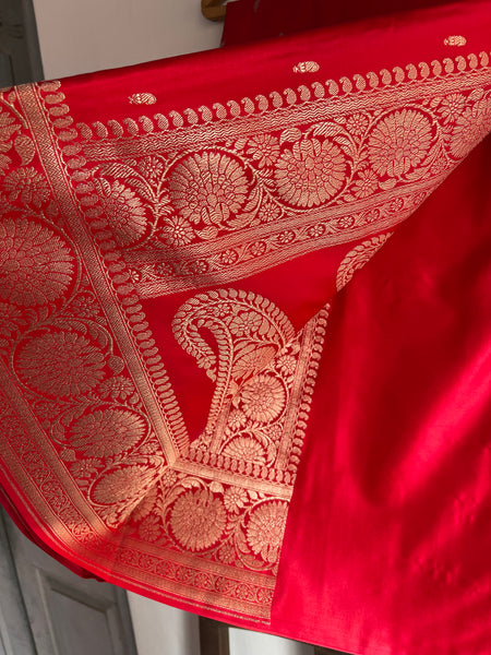 Pure Red Katan Silk Saree with Golden Zari