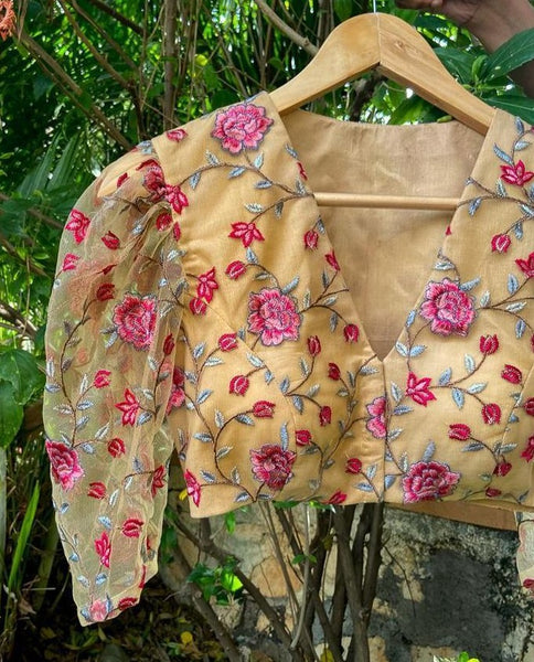 Cream Colored Embroidered readymade blouse in Tulle Fabric