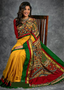 MUSTARD HANDLOOM COTTON SAREE WITH HAND PAINTED KALAMKARI PALLU & KHUN BORDER