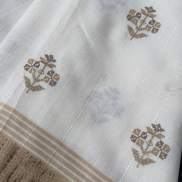 Ivory and Gold Embroidered Raw Tussar Silk Saree