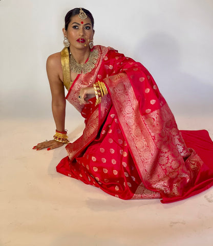Pure Red Katan Silk Saree with Golden Zari