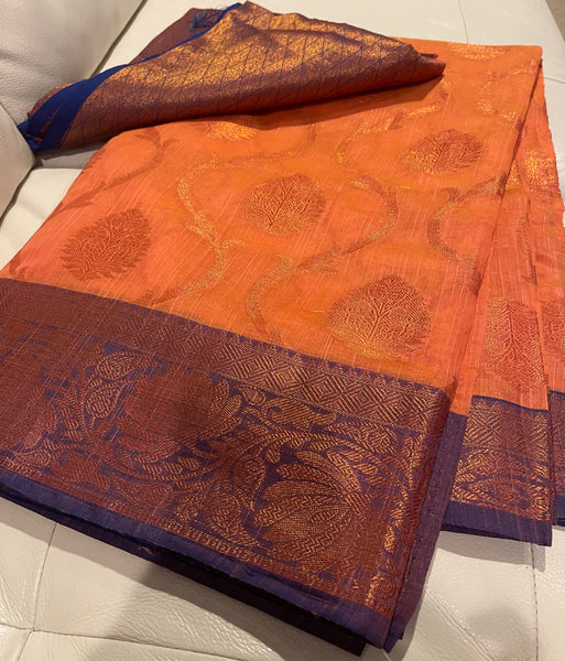 Coral Pink and Purple Handloom Brocade Cotton Silk Saree