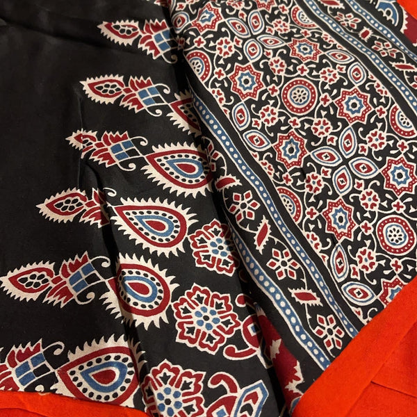 Rust Red Bandhani with Ajrakh Hand block print with Natural dye on Modal silk