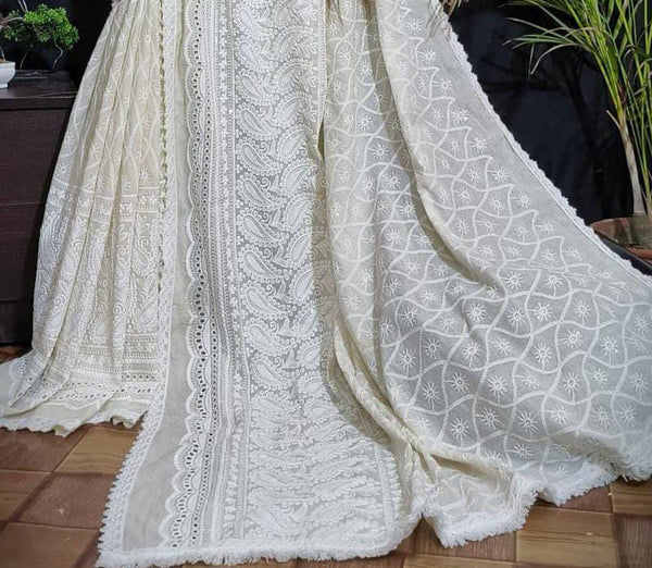 Pure Cotton Luknowi Chikankari Beige and White Saree