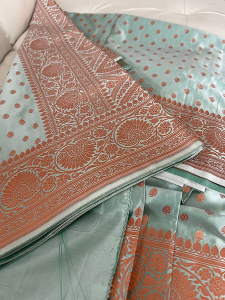 Mint Green and Copper Assam Silk Saree
